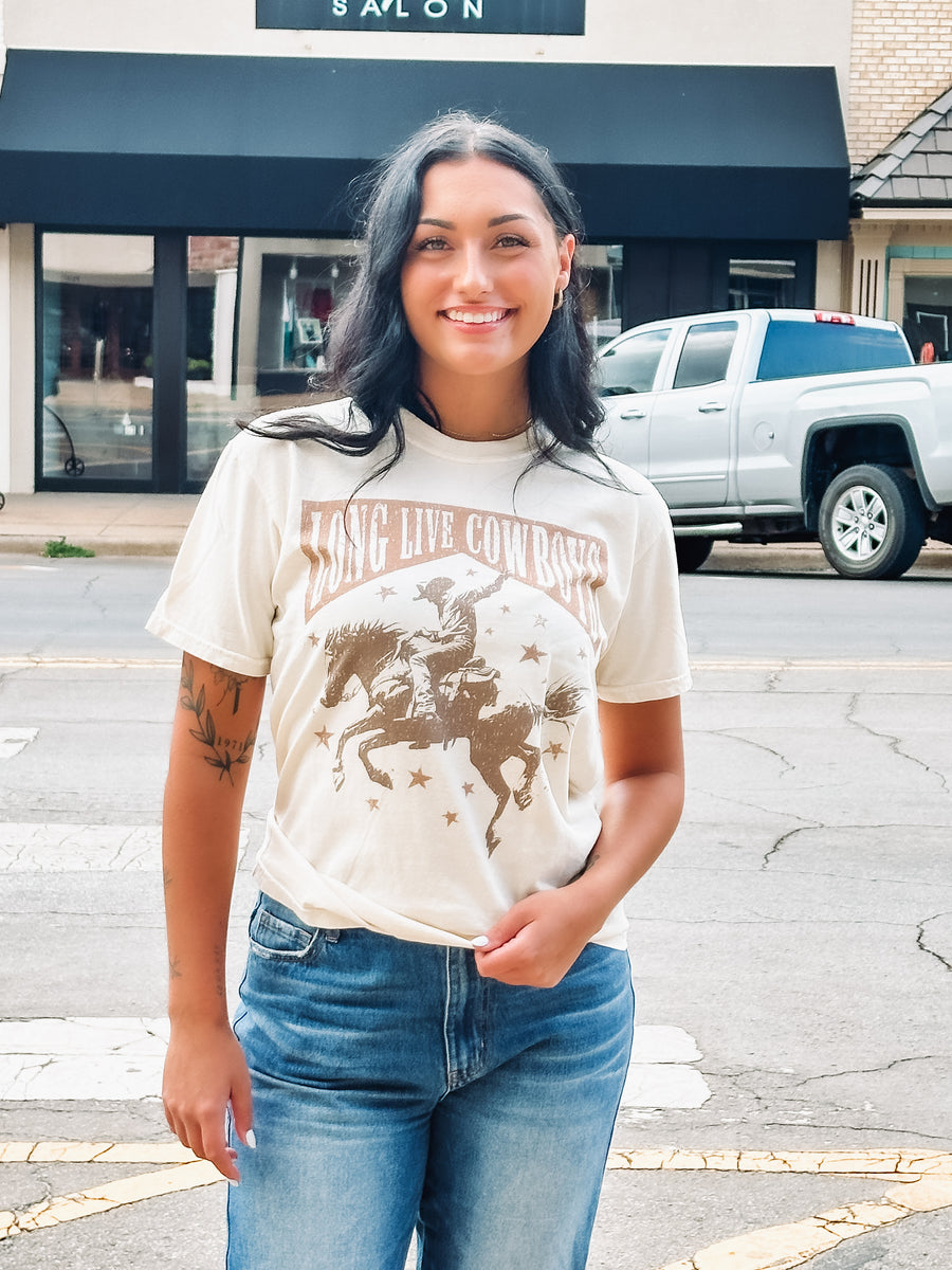 Ivory Graphic Tee with Long Live Cowboys Typography