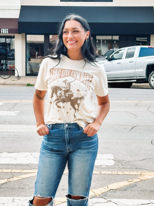 Ivory Graphic Tee with Long Live Cowboys Typography