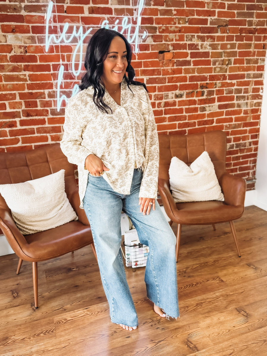 Gauze Brown and Cream Oversized Floral Button Up.