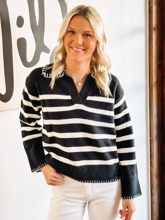 Black and white striped long sleeve sweater