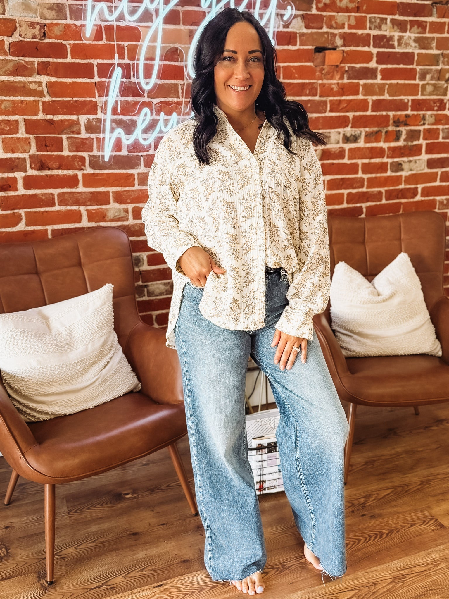 Gauze Brown and Cream Oversized Floral Button Up.