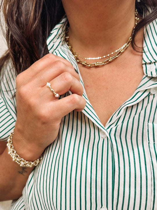 oval and freshwater pearl beaded ring