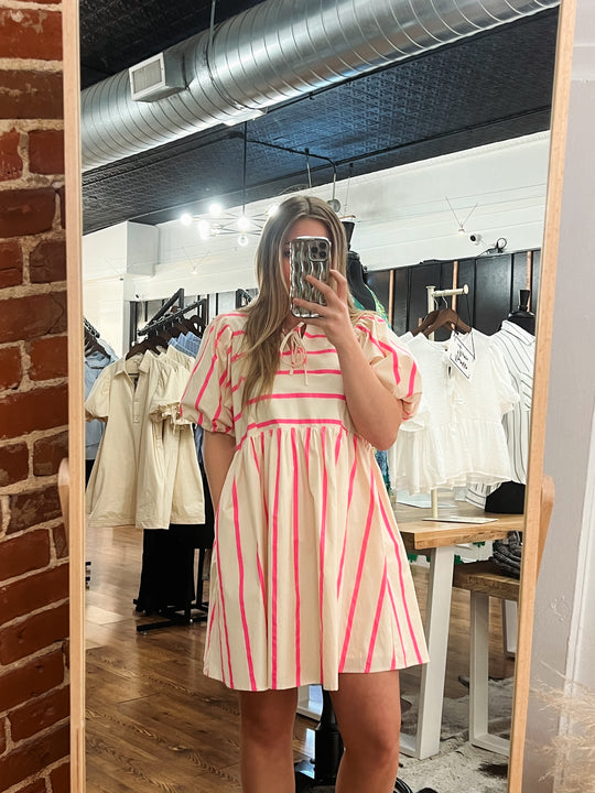 cream dress with hot pink stripes