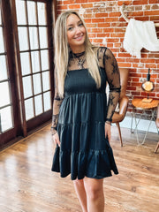 black dress with lace long sleeve underneath