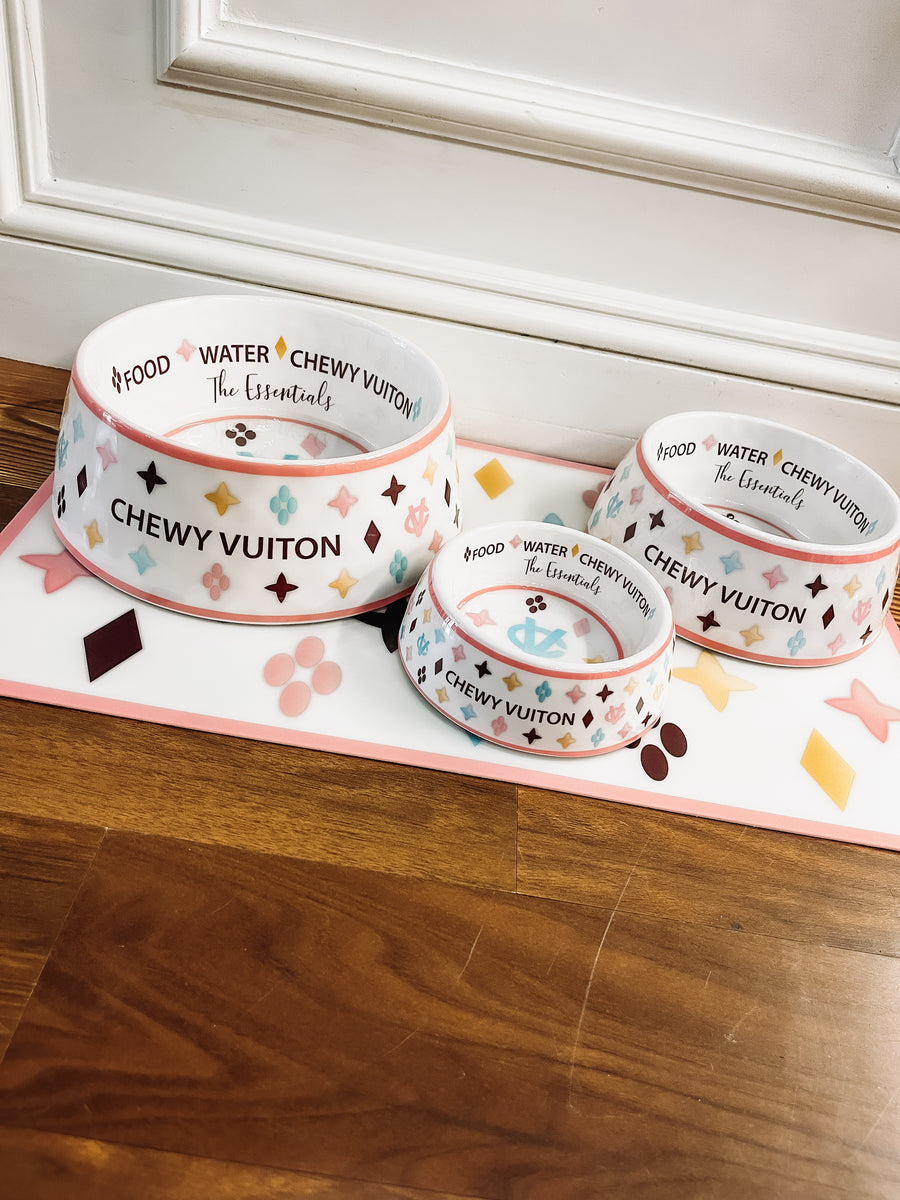 White Chewy Vuiton Dog Bowl Set