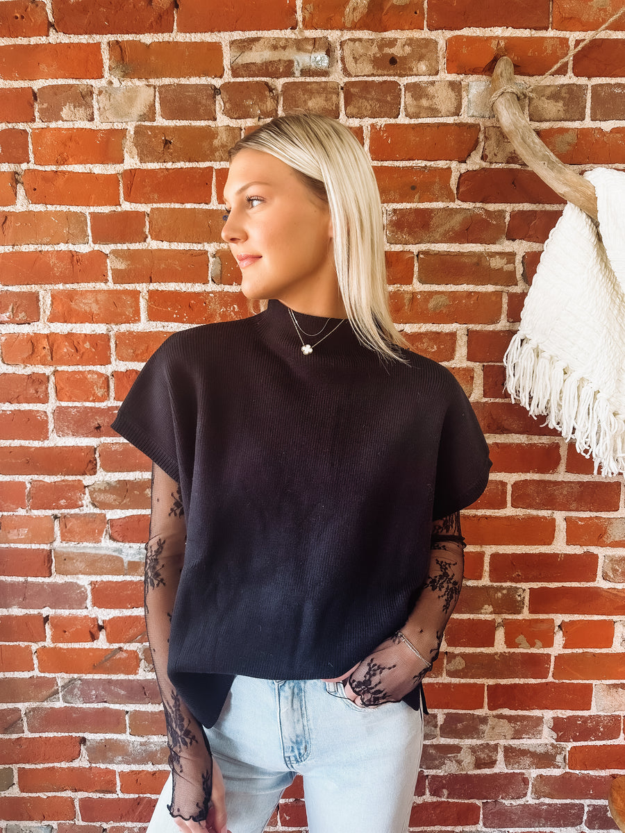 black mock neck sweater with lace long sleeve top