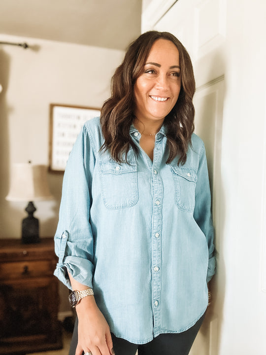 light wash denim button up top