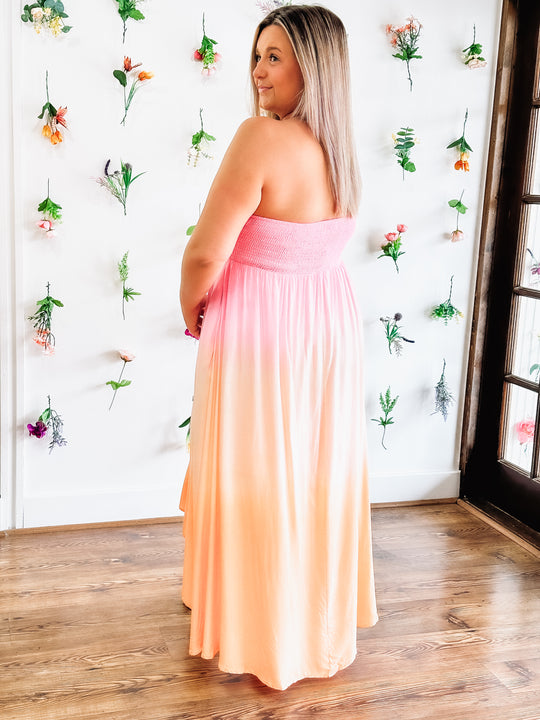 orange and pink ombre colored strappy dress