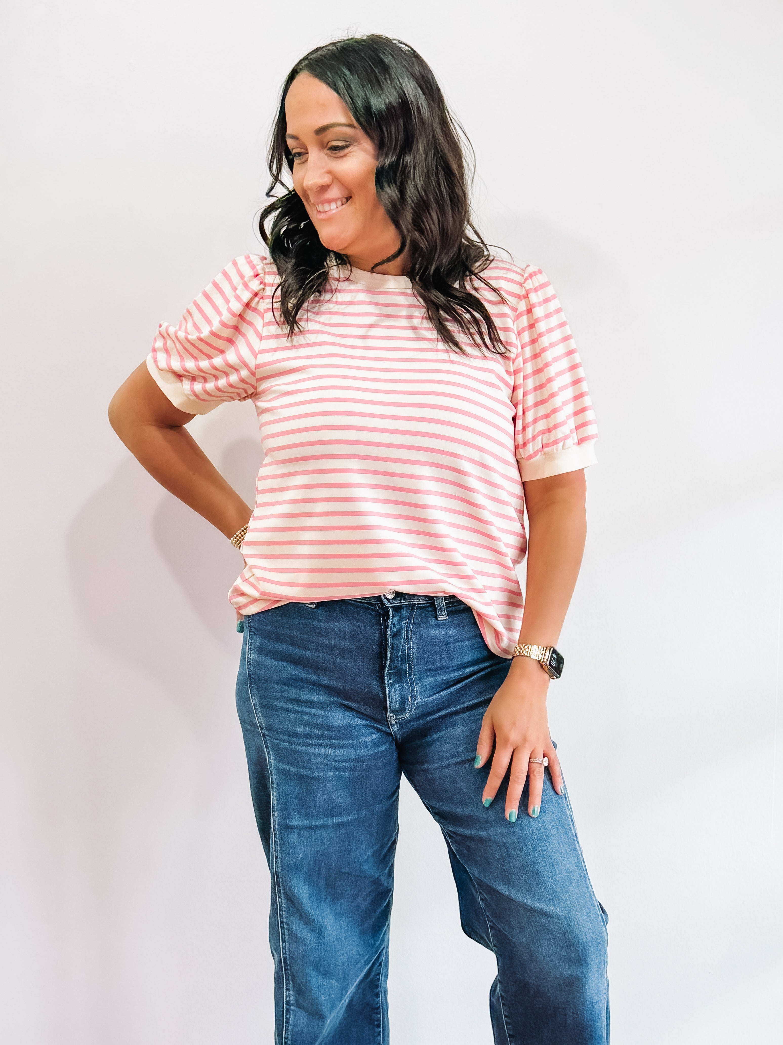 Cream and pink striped short sleeve with puff sleeves.