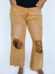 gold distressed flare jeans