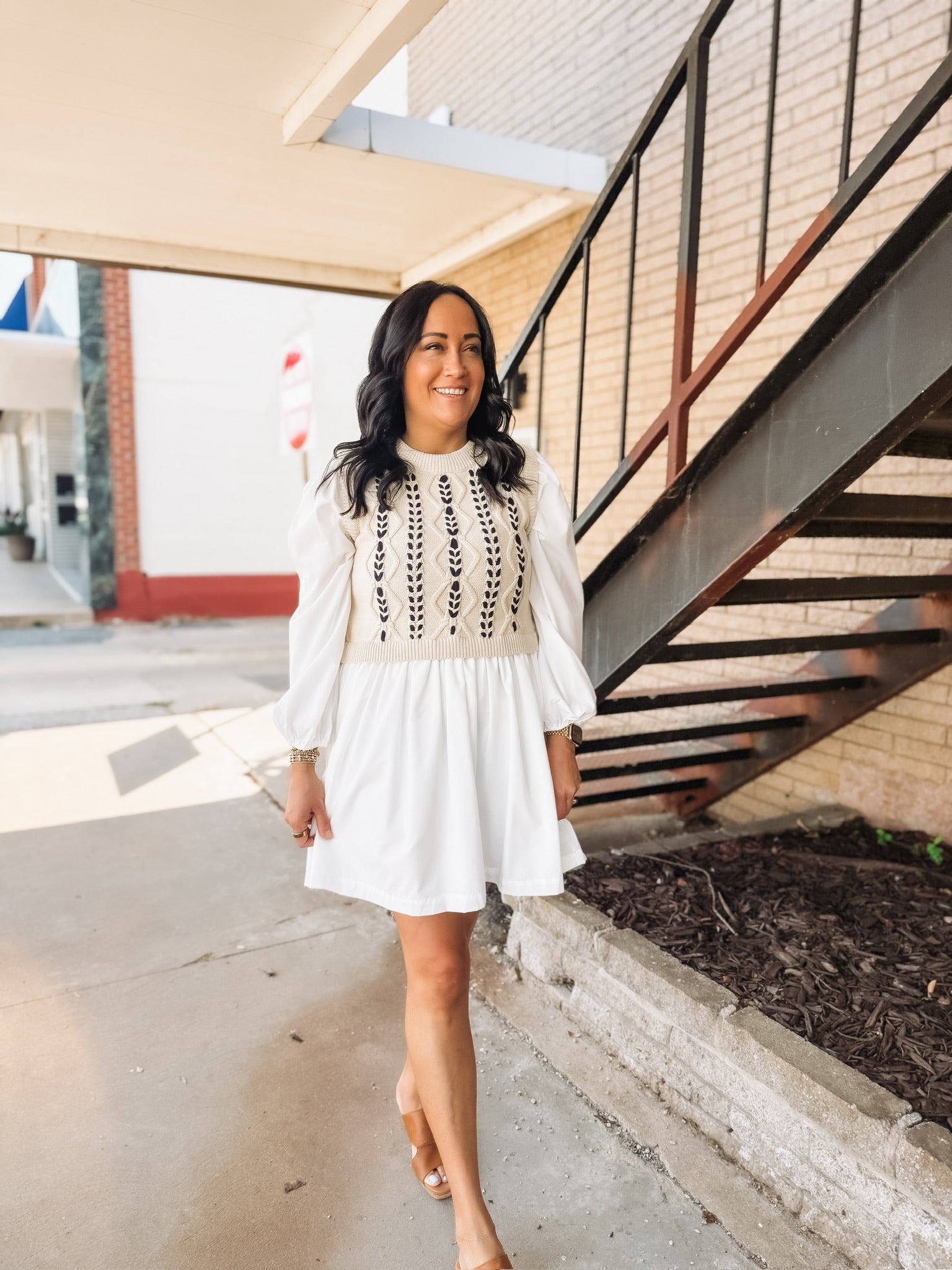 Tan and Navy cable knit sweater vest long sleeve mini dress with crisp white shirt base.