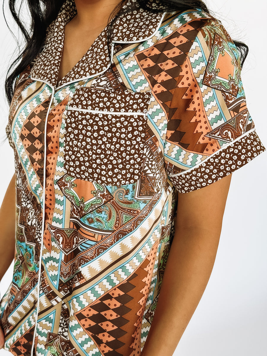 brown patterned pajama set