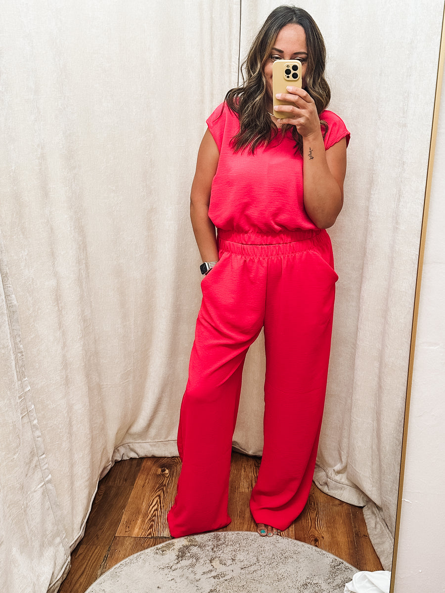 fuscia colored two-piece pant set