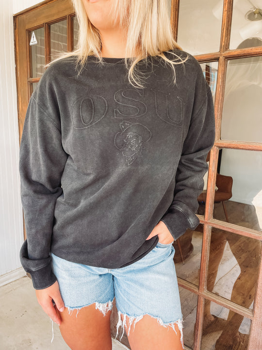 black crewneck sweatshirt with "osu" embossed 