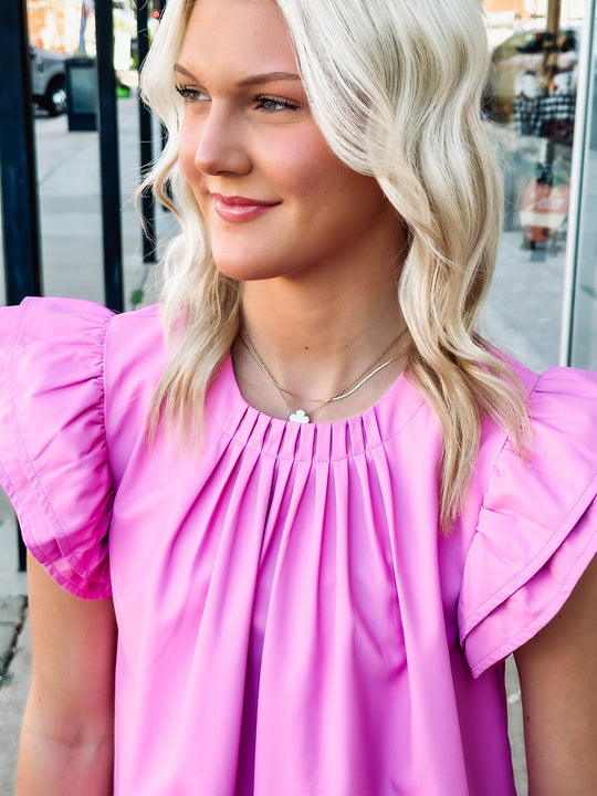 Pink Faux Leather Flutter Sleeve Top