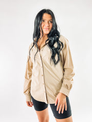 taupe colored button down top