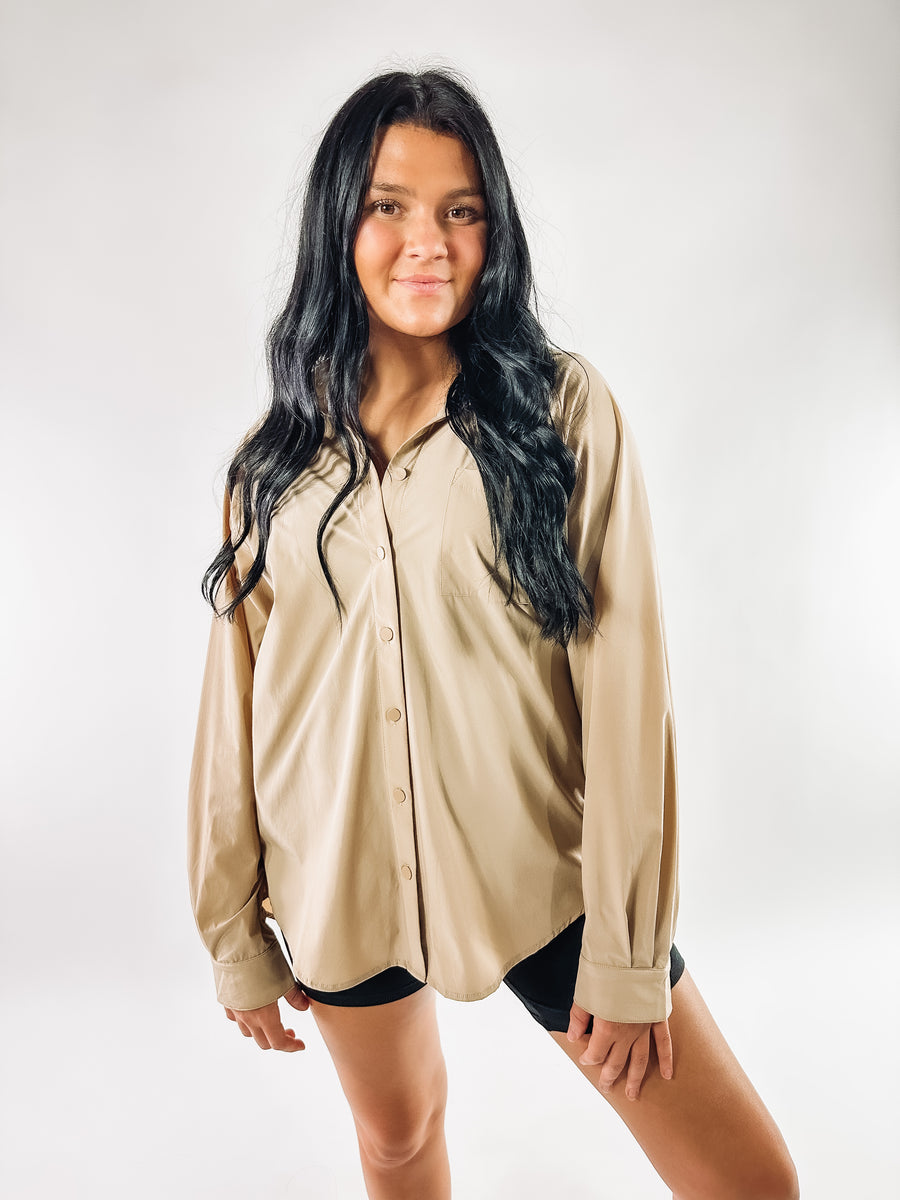 Taupe colored button down top