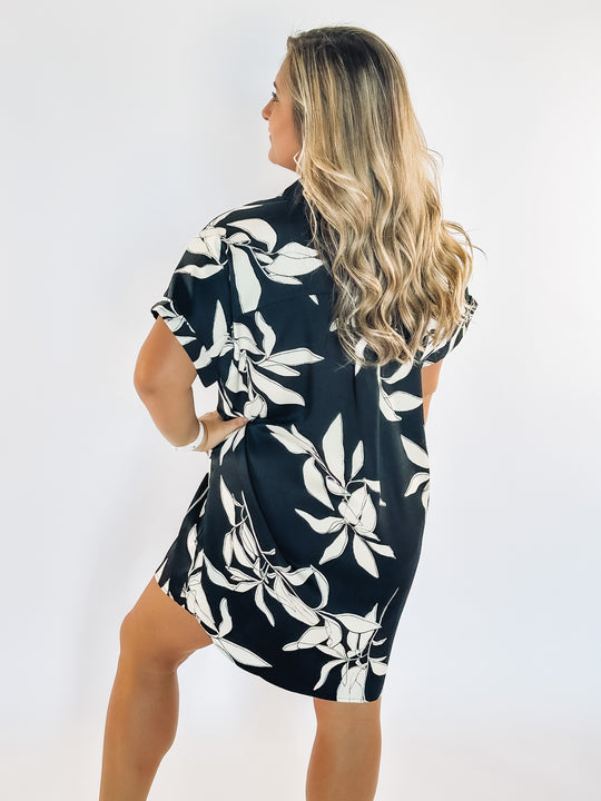 Black and white floral shift dress