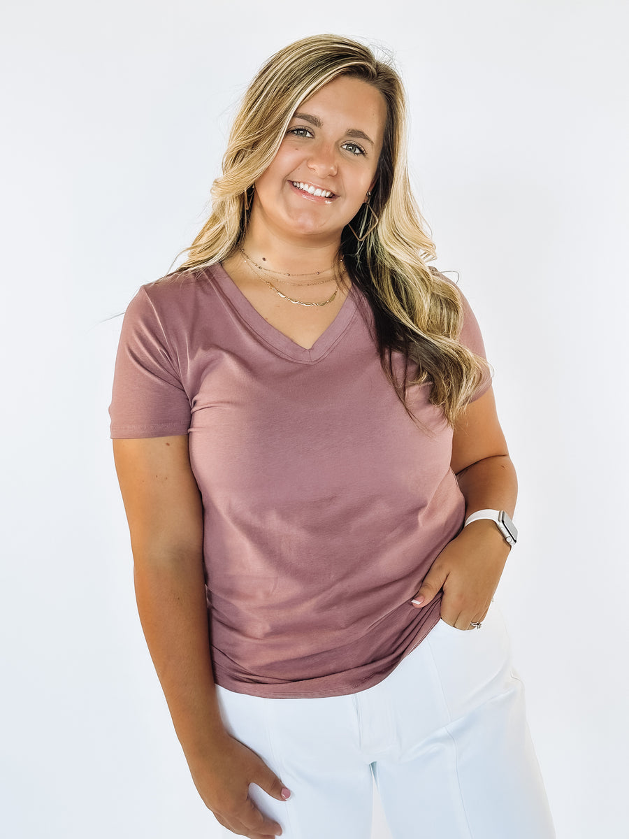Taupe colored v-neck t shirt