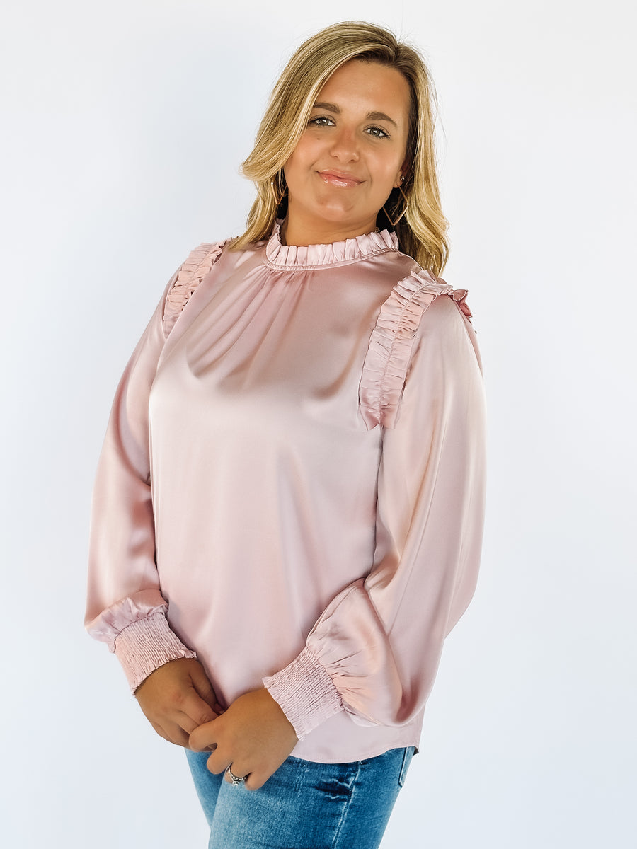 Rose colored ruffle detail blouse