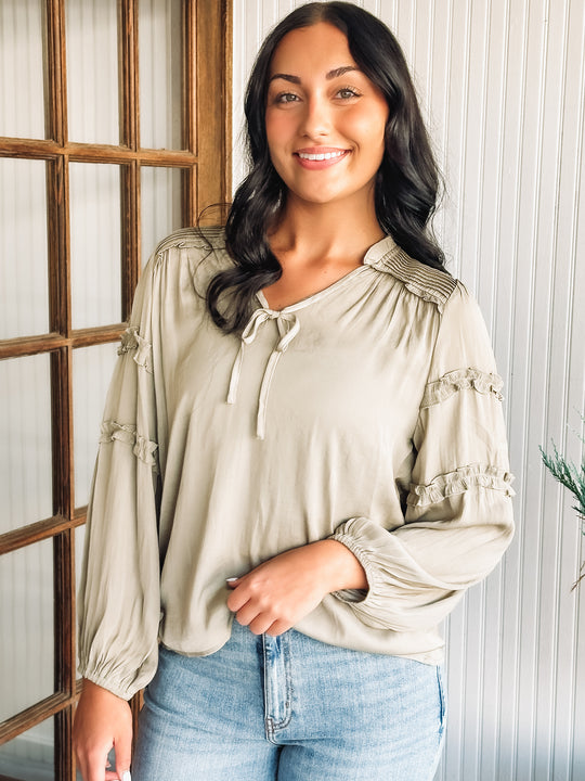 Ruffle detailed long sleeve top in sage