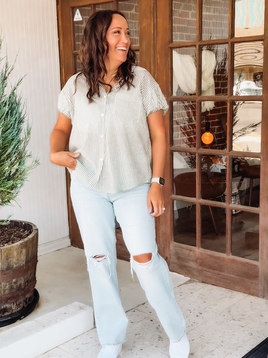 Green striped button up blouse