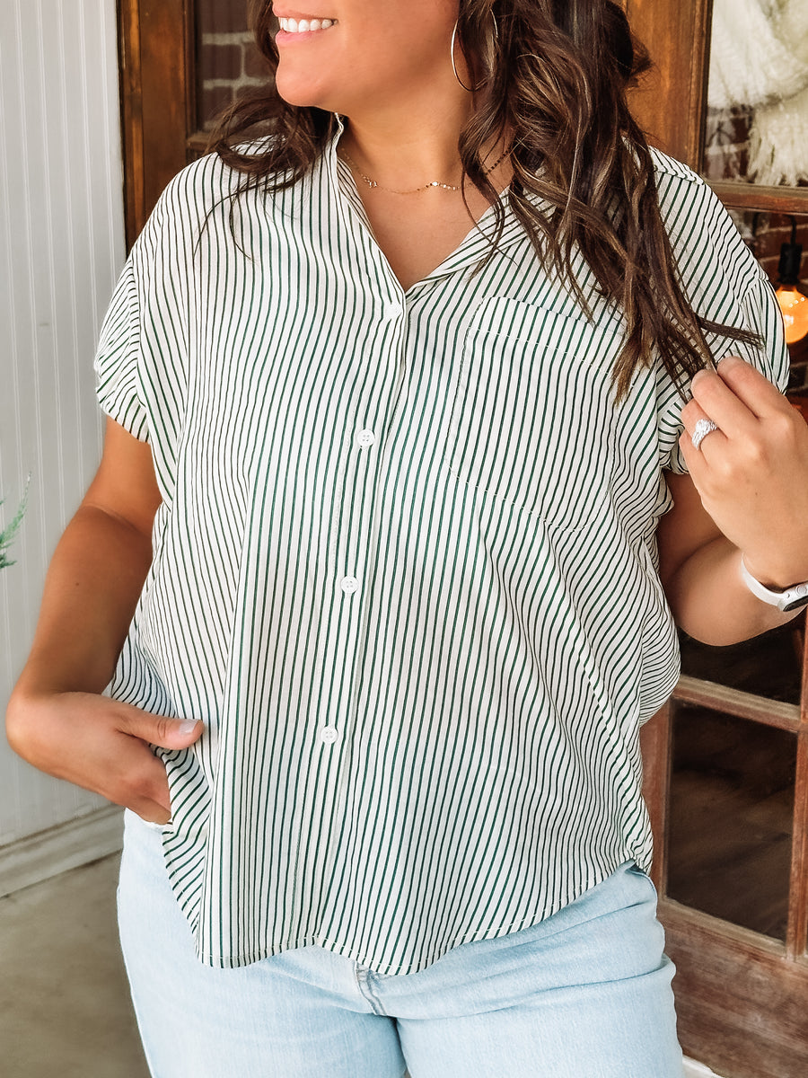 Green striped button up blouse