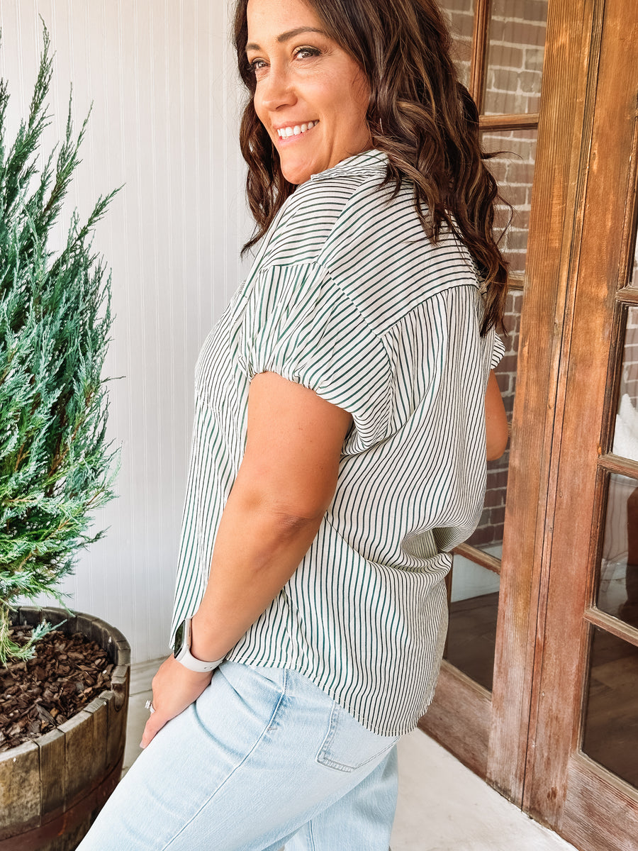 Green striped button up blouse