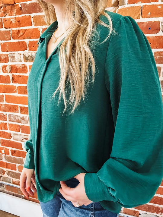 Hunter green collared long sleeve blouse