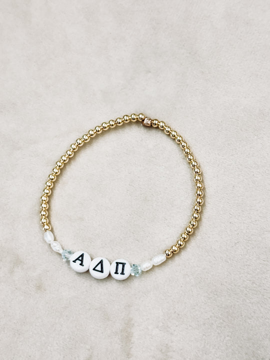 gold filled beaded bracelet with sorority greek letters