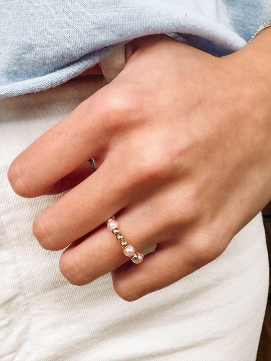 gold filled and pink beaded stretchy ring