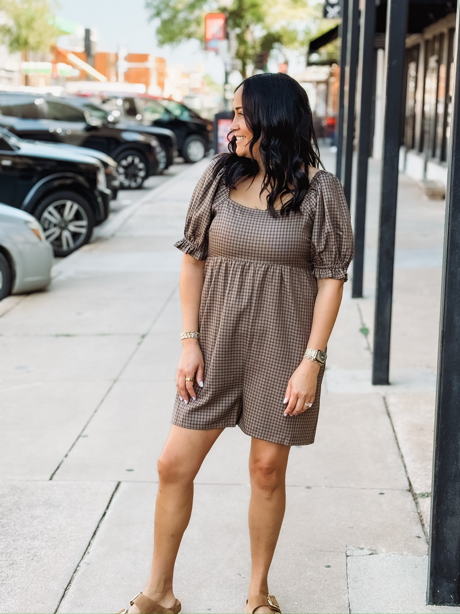 Brown plaid smocked short sleeve romper