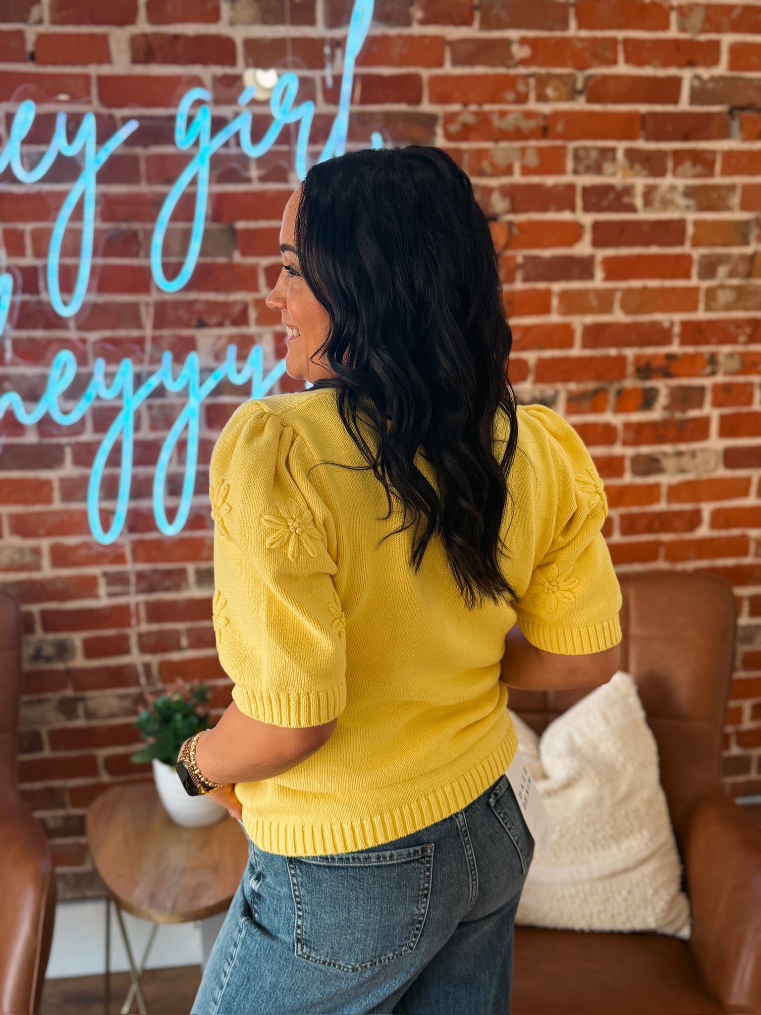 Short sleeve yellow embroidered floral sweater.