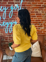 Short sleeve yellow embroidered floral sweater.