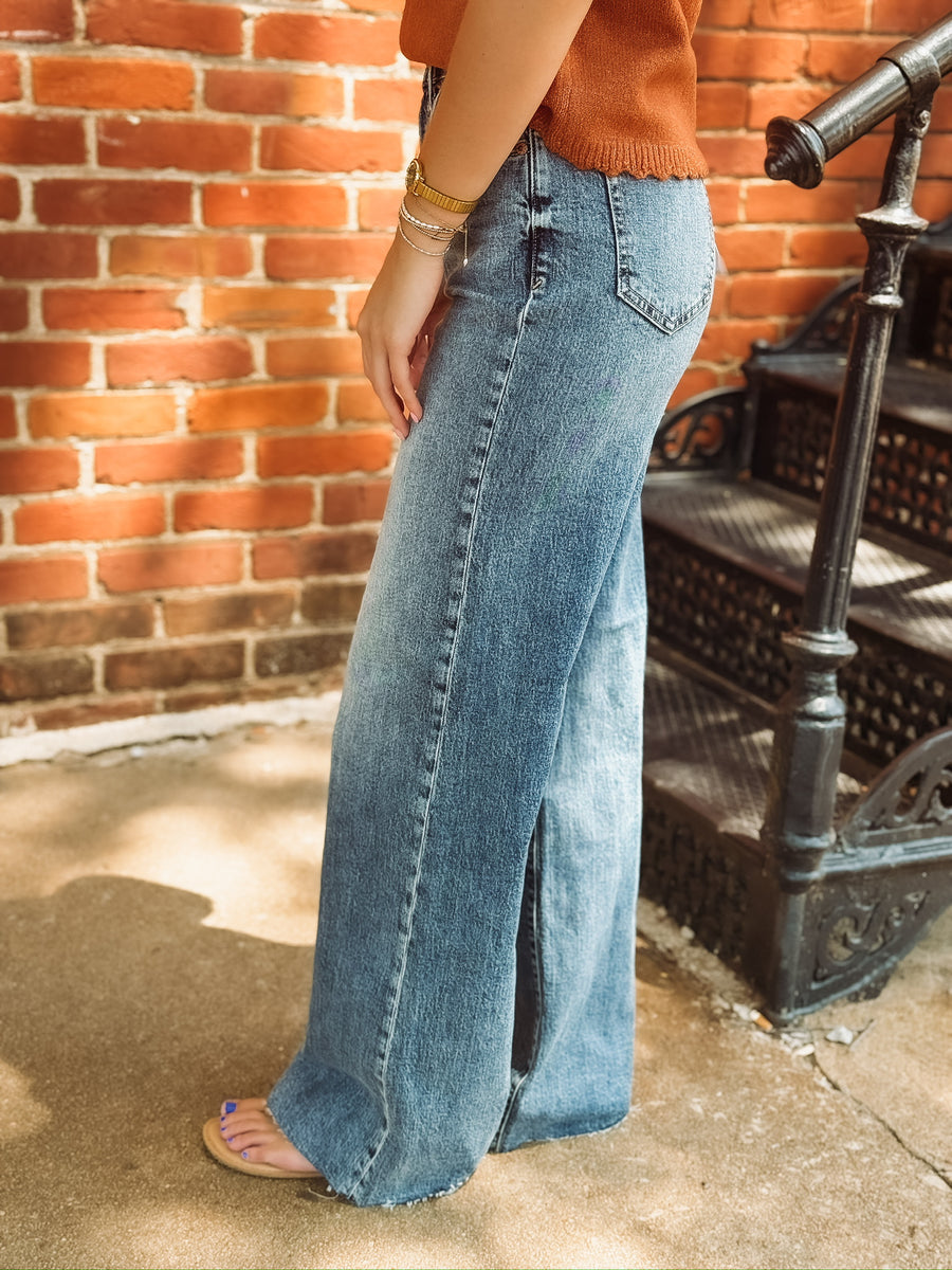 far out high rise wide leg jeans by Daze in the shade stunner.