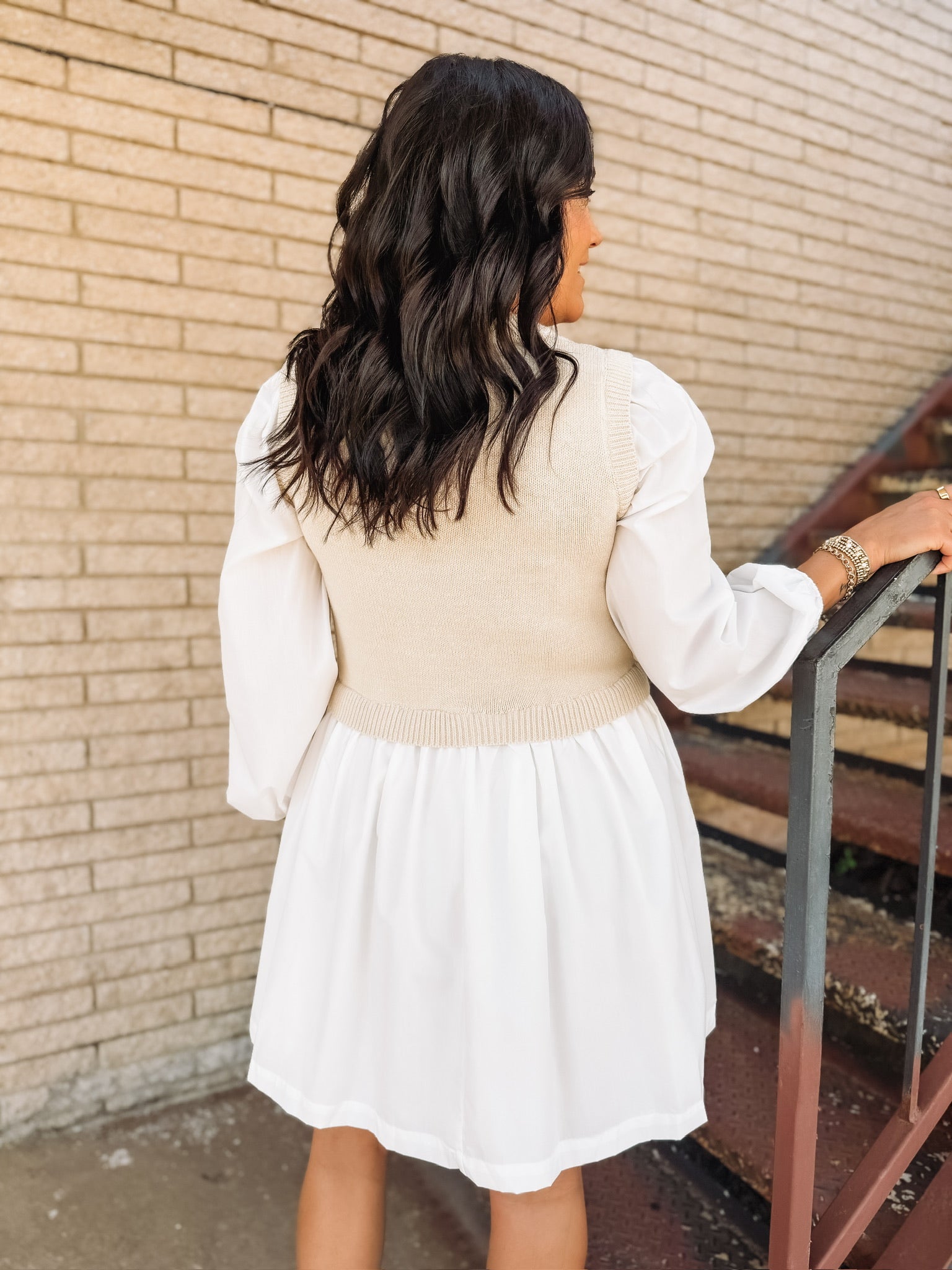  Tan and Navy cable knit sweater vest long sleeve mini dress with crisp white shirt base.