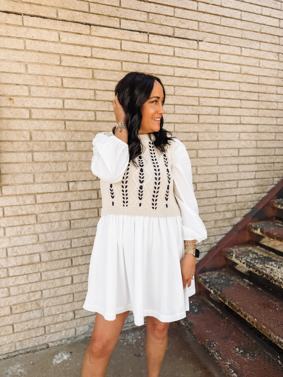 Tan and Navy cable knit sweater vest long sleeve mini dress with crisp white shirt base.