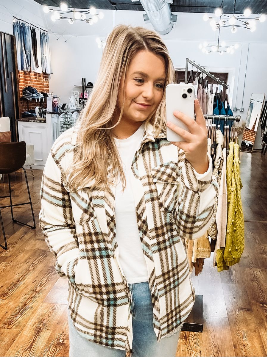 teal and brown plaid shacket