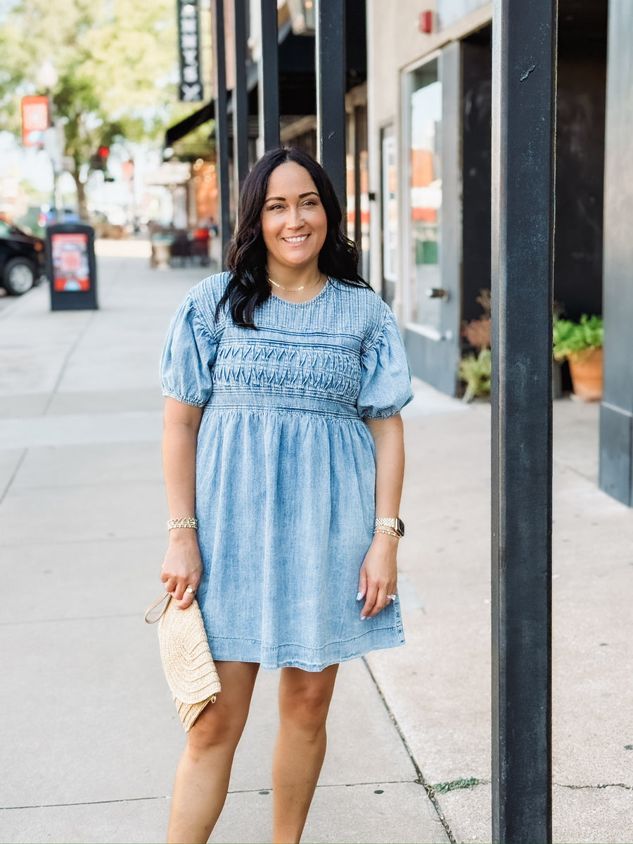 pintuck short puff sleeve mini denim dress