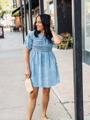 pintuck short puff sleeve mini denim dress