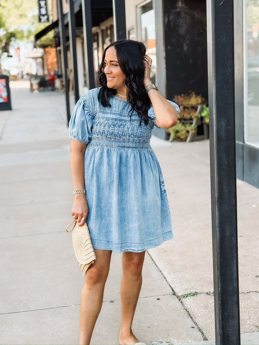 pintuck short puff sleeve mini denim dress