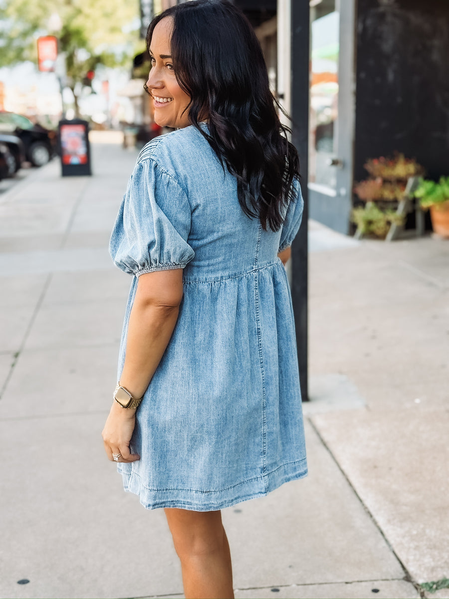 pintuck short puff sleeve mini denim dress