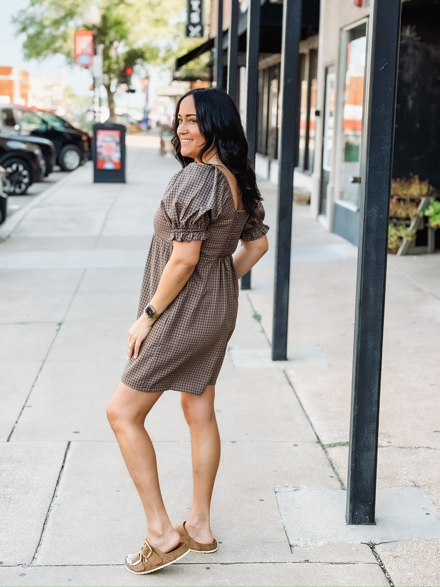 Brown plaid smocked short sleeve romper