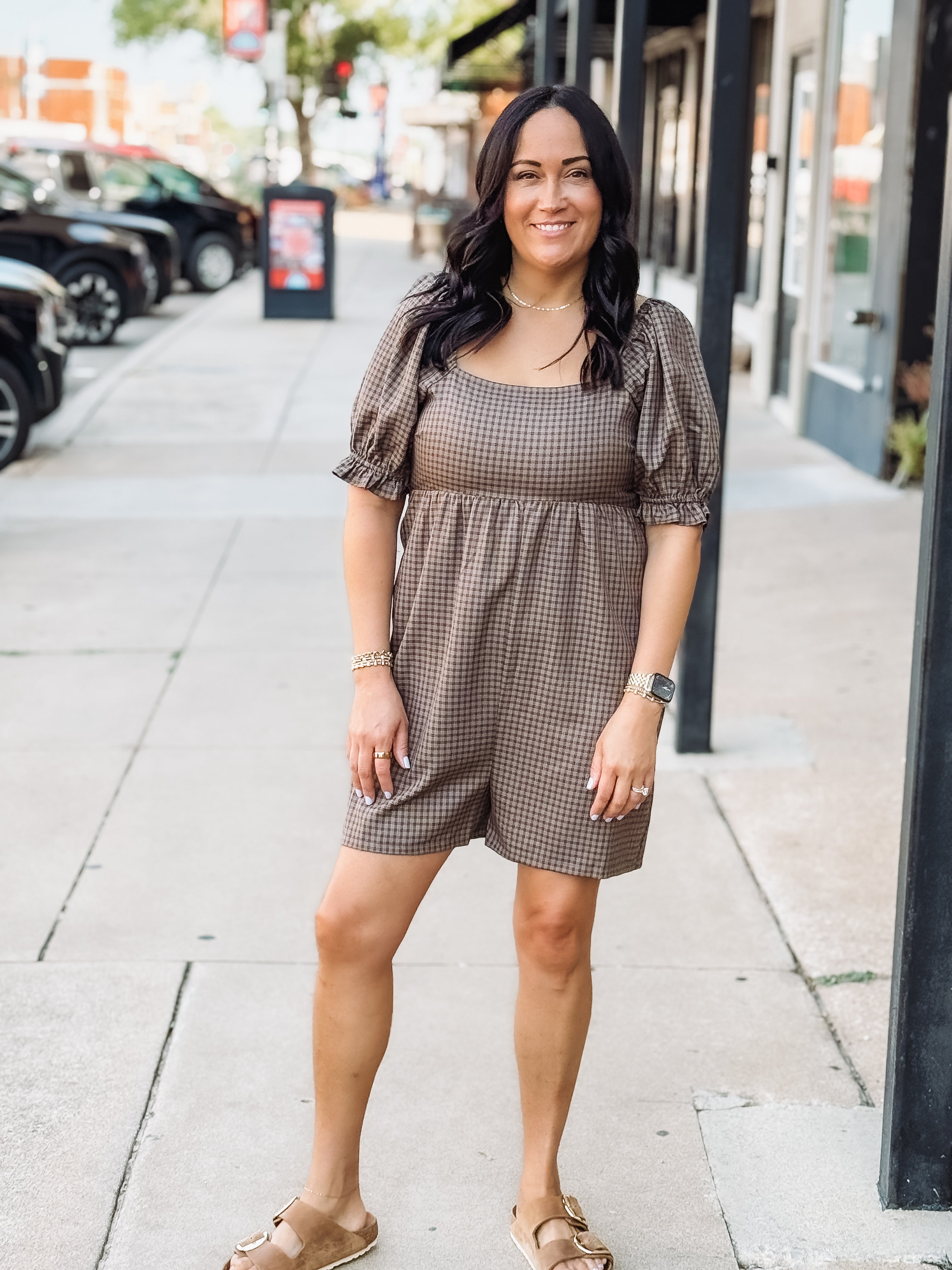 Brown plaid smocked short sleeve romper