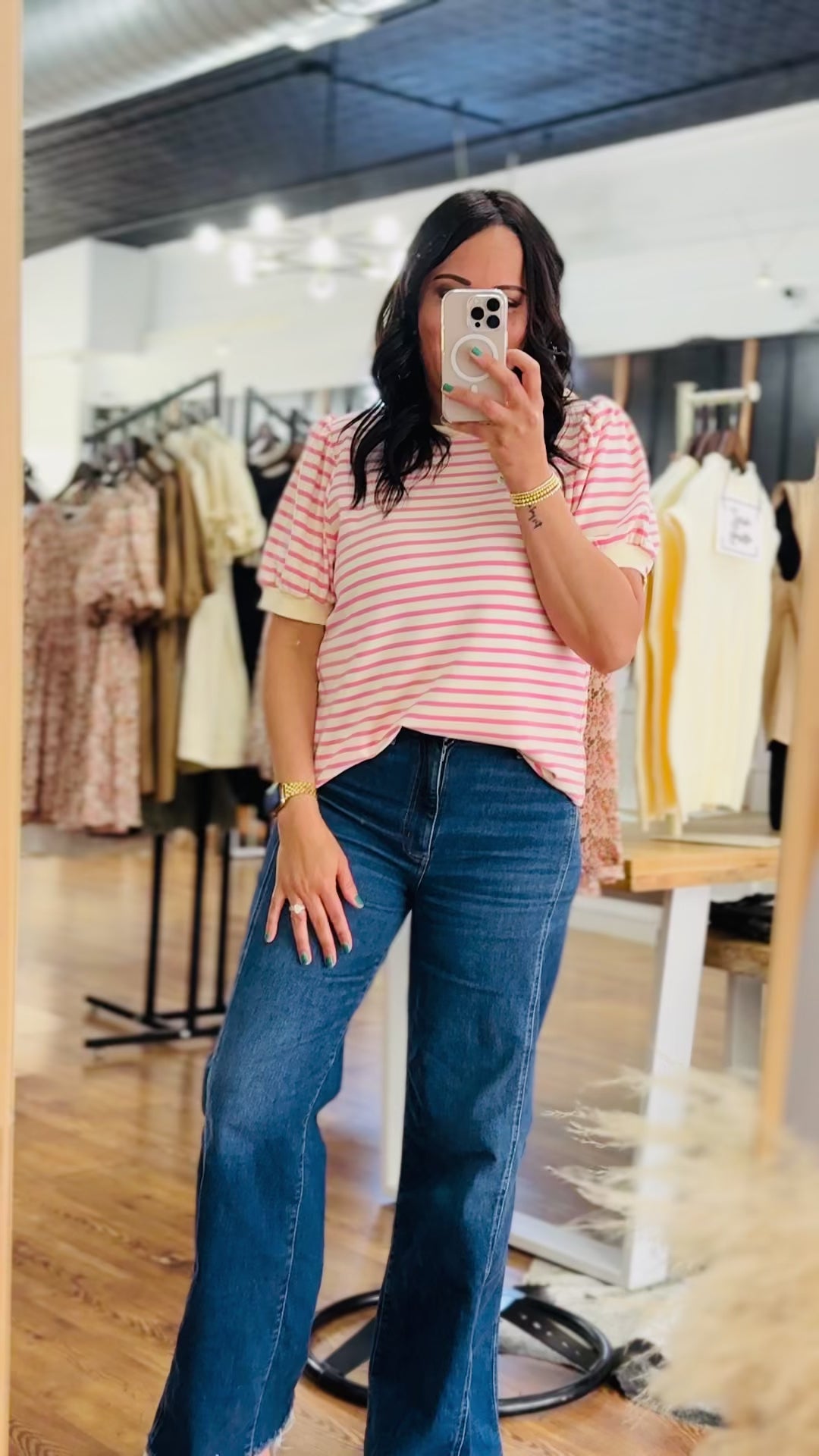 Cream and pink striped short sleeve with puff sleeves.