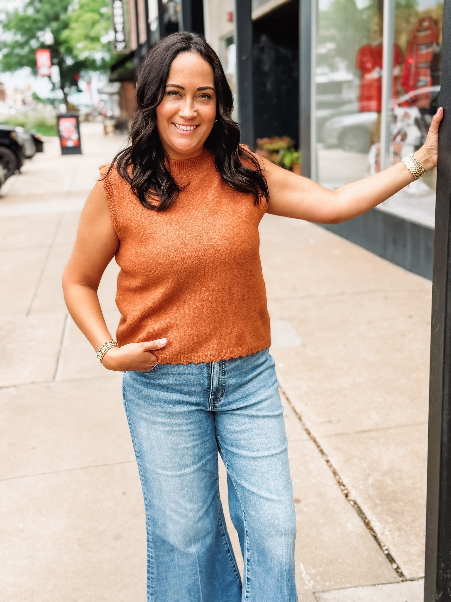 rust mock neck scalloped trim sleeveless sweater