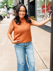 rust mock neck scalloped trim sleeveless sweater