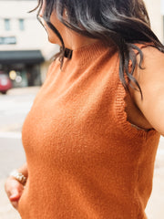 rust mock neck scalloped trim sleeveless sweater