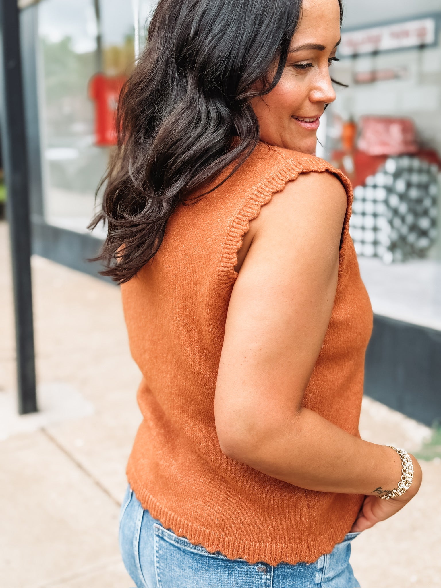rust mock neck scalloped trim sleeveless sweater