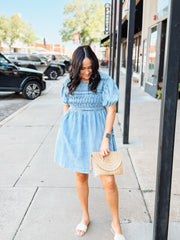 pintuck short puff sleeve mini denim dress
